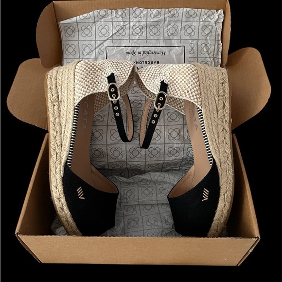 viscata Shoes - Viscata Italian Black and Cream Espadrille Wedge Sandals with Ankle Strap
